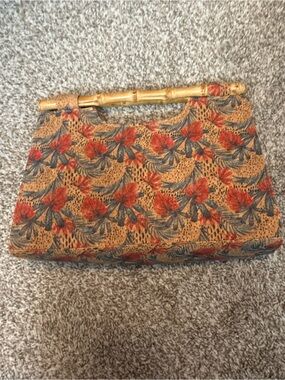 Woven Bamboo-Handle Floral Clutch in Tan and Red - NEGOTIABLE PRICE